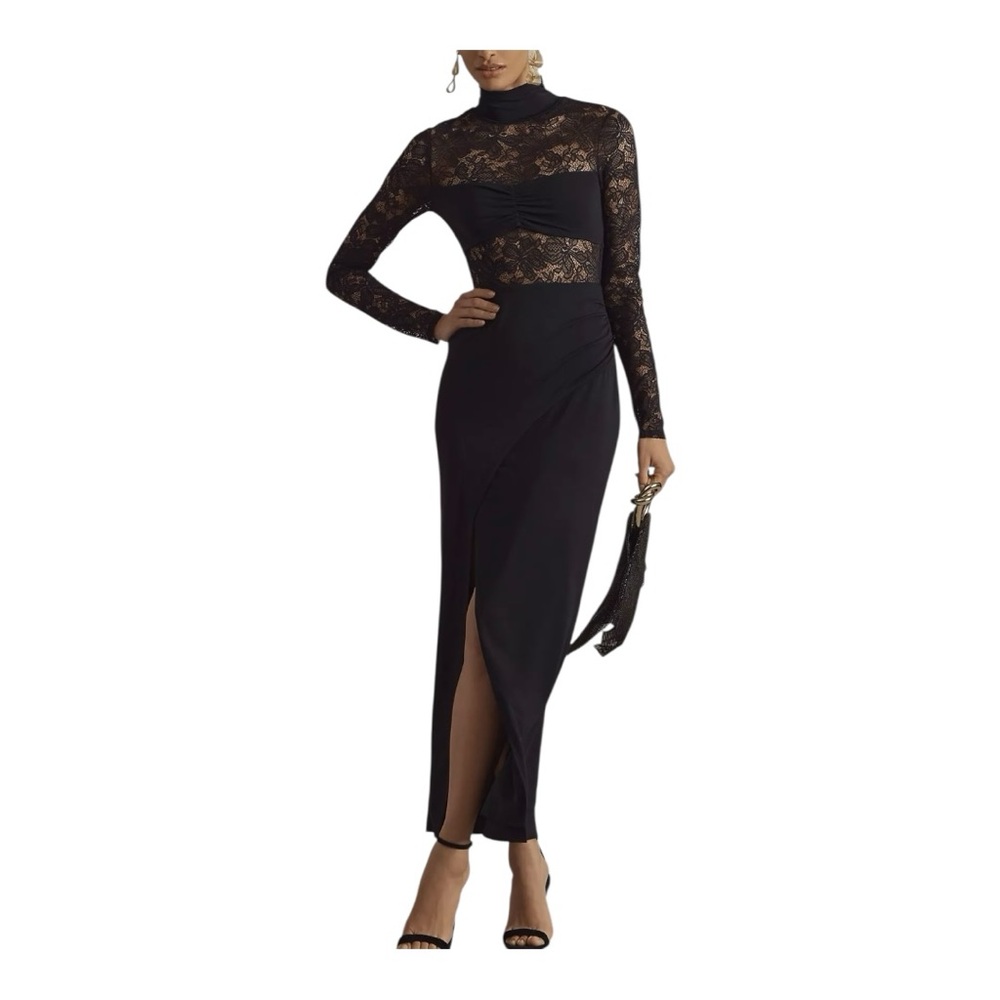 Anthropologie BHDLN Black Formal Evening Gown Long Dress Large L Lace Stretchy